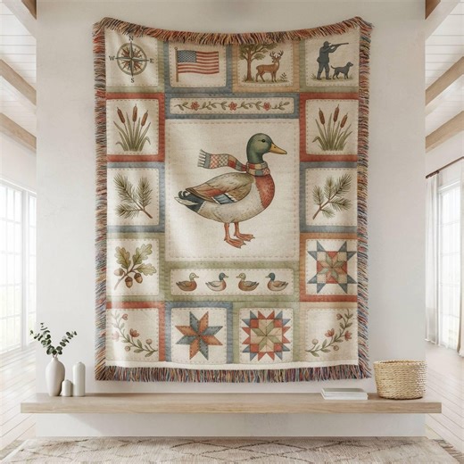 Mallard Duck Blanket, Patchwork Design Blanket, Hunting Blanket, Country Home Decor Blanket, Wildlife Blanket, Cabin Decor Blanket Cottage - Etsy