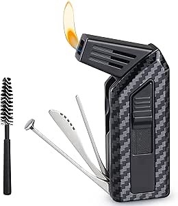 3 in 1 Pipe Lighter,Refillable Butane Lighter with 3 Pipe Clean Tool,Angled Soft Flame Pipe Lighter for Pipe Candle Fireplace,Delicate Gift with Pipe Brush for Men Black,Without Butane