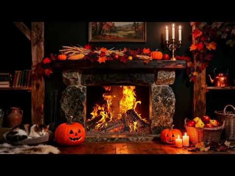 🔥 Cozy Autumn Fireplace 4K | Pumpkins, Crackling Logs & Sleep Ambience 🕯️