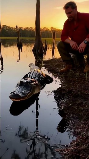 Wildlife expert observes alligator emerging from water #naturevideo #wildlifeencounter #4kfootage