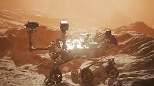 Curiosity Mars Rover exploring the surface of red planet. Elements of this image furnished by NASA