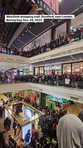Westfield shopping mall, Stratford, east London, Boxing Day, Dec. 26, 2025 For anyone wondering, this is real footage, not AI. The takeover of the shopping mall was reported on in the London Evening Standard and various other media. The Police tried to intervene, but they were completely overwhelmed by the sheer quantity of protesters https://www.lbc.co.uk/article/palestine-protestors-westfield-stratford-5HjdPtR_2/ https://www.jpost.com/international/article-881629 | Tom Gross