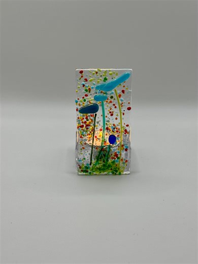 Fused Glass Tea Light Holder – Blue Meadow Flowers | Unusual Handmade Cornish Candle Art - Etsy