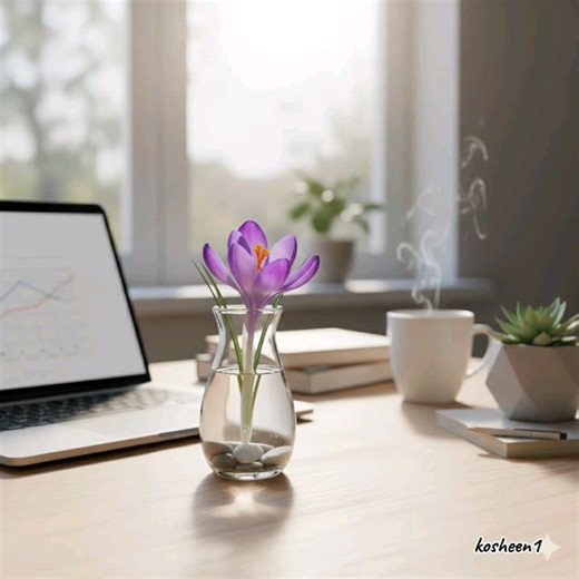 🌸✨ Brighten up your workspace with this minimalist desk setup! A sleek glass vase filled with fresh 
