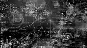 Mathematical symbols and equations suspended in space, camera moving through them to show the intricacies of math. The shallow depth of field leaves parts of the scene out of focus. Stock Video