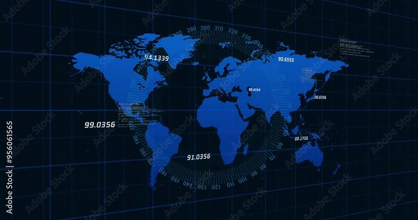 World map with numerical data and grid lines, global statistics animation