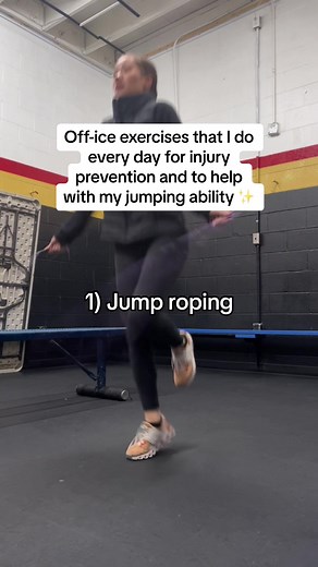 Here are a few exercises that I do to help with my jumping ability and to maintain a solid foundation to prevent injuries! ✨ 1) for my warm-up, I usually start with jump roping. I do 50 on two feet, 50 on one foot each foot, 50 doubles on two feet, 20 doubles on one foot each foot; lastly, I do 20 triples on two feet. 2) calf raises. I do 25 on two feet and 20 on one foot each. 3) to help with my ankle stability, I do small jumps over a line on the floor (if there is no line, I just imagine one)
