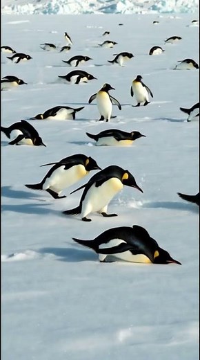 Emperor penguins glide and run across Antarctic ice in pure natural silence. 4K wildlife moment. 🐧❄️
