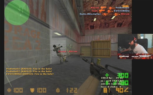 f0rest直播玩CS1.6核电站nuke，管道滑行完全靠的肌肉记忆，一次4杀又让人看到了老f0经典的瞄准和击杀方式，令人泪目