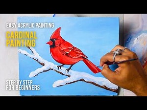 Easy Red Cardinal Bird Painting in Snow | Beginner Acrylic Tutorial