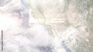 Earth zoom in from space and focus on Duarte, California, USA. 3D Animation. Satellite view. Background for travel intro. Images from NASA