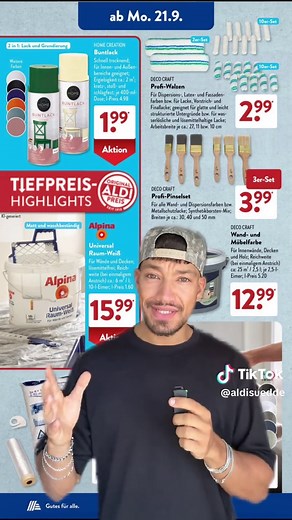 Neue Angebote der Woche – und genau die richtige Zeit für dein nächstes Projekt! 🎨🏠 Ob du zuhause kreativ werden und malen möchtest oder deinem Zuhause mit kleinen Renovierungs-Ideen einen frischen Look gibst - alles zum ALDI Preis! 😍 #aldisüd #gutesfüralle #einkauf #herbst