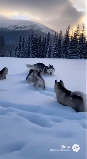 雪の中を駆け回る犬の親子🐶❄️🐶