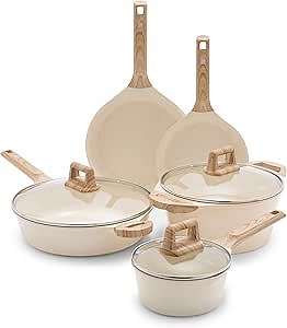 GreenLife 8 Piece Ceramic Nonstick Cookware Set, Induction Suitable Non Toxic PFAS-Free Pots & Pans, Dishwasher Safe, Cooking Set, Stock Pot, Saucepans & Frying Pans, Kitchen Cooking, Granite Cream