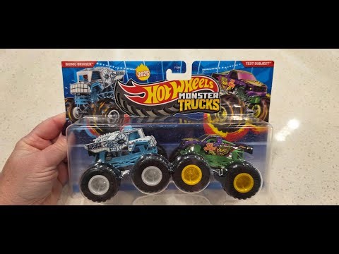 Hot Wheels Demolition Doubles Monster Trucks Bionic Bruiser vs Test Subject Un-Carding Show & Tell!