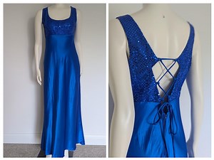 Vintage 1990s Royal Blue Prom Dress | 90s Long Satin Formal Wear | Sequin Lace up Bodice Gown | Scoop Neck Sleeveless | Steppin Out Brand - Etsy