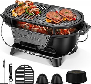 SPECSTAR Oval Cast Iron Grill with Interchangeable Grates & Griddle, 2 Furnace Doors for Heat Control, Includes Gloves, Poker and UV-Resistant Cover