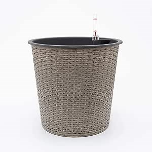 Smart Self-Watering 13.4" Round Planter for Indoor and Outdoor, Suitable for Plants, Herb, Succulents, Flowers - Hand-Woven Wicker