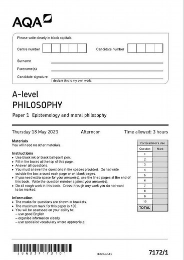 AQA A LEVEL PHILOSOPHY PAPER 1 2023 (7172/1: Epistemology and moral philosophy)