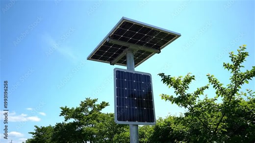 Solar panel mounted on a pole against a clear blue sky. Renewable energy system for clean power generation. Sustainable technology and ecology concept