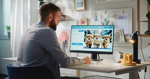 Adult man types prompt in AI video generator on PC. Online artificial intelligence software generates detailed video of three puppies. From text prompt to realistic generated video. Automated artwork.