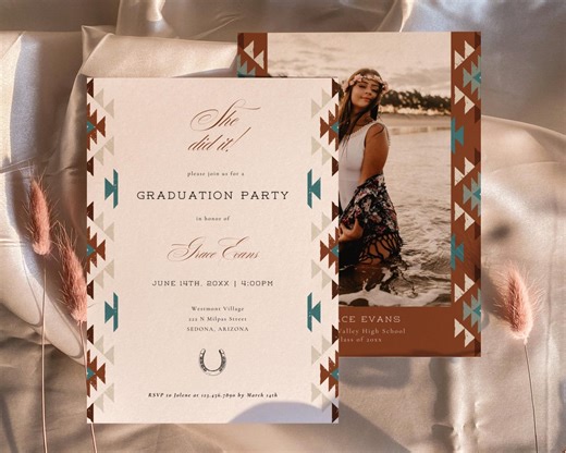 Southwestern Graduation Invitation Template, Desert Graduation Announcement, Turquoise Tribal Photo Graduation Party Invite | Grace - Etsy