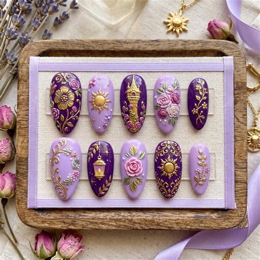 Luxury Rapunzel Inspired Press on Nails | 3D Tangled Tower & Golden Sun Nail Art | Handmade Purple Princess Reusable Nails - Etsy