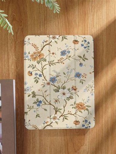 Kingsung Vintage Floral Print Tablet Protective Case, Suitable For IPad 9.7/10.2/10.5/10.9/12.9/Pro 11 (10th Gen), Galaxy Tab S6 Lite 10.4 Inch, Kindle Paperwhite (12th Gen, 2024), Kindle (11th Gen, 2022), Kobo Clara Color, Soft Shock-Proof, Smart Stand/Auto Wake/Sleep Function | SHEIN