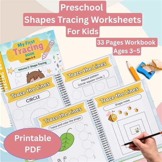 Shape Tracing Worksheets PDF | Preschool Shapes Workbook 33 Pages |tracing Shapes for Kids Age 3–5, Fine Motor Skills| Pre Writing Printable - Etsy