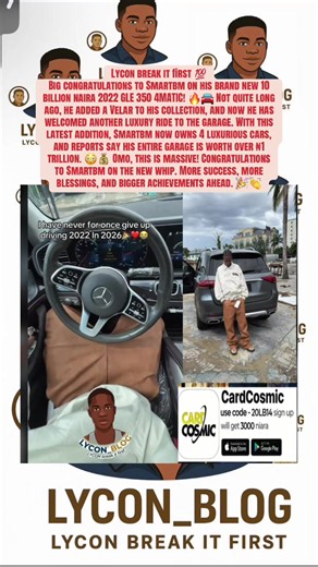 Lycon break it first 💯 Big congratulations to Smartbm on his brand new 2022 GLE 350 4MATIC! 🔥🚘 Not quite long ago, he added a Velar to his collection, and now he has welcomed another luxury ride to the garage. With this latest addition, Smartbm now owns 4 luxurious cars, and reports say his entire garage is worth over ₦1 trillion. 😳💰 Omo, this is massive! Congratulations to Smartbm on the new whip. More success, more blessings, and bigger achievements ahead. 🎉👏#fyp #lycon_blog #peller #sm