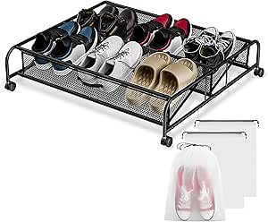 Under Bed Shoe Storage with Wheels, 1 Pack Under Bed Shoe Organizer with Metal & Mesh Cloth, Rolling Under Bed Storage Containers, Shoe Rack Under the Bed for Bedroom Space Saving (Large)