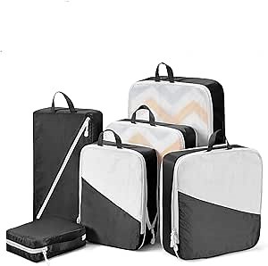Compression Packing Cubes - 7 Piece Set Travel Organizer, Luggage & Suitcase Organizer, Space Saving Packing Cubes, Lightweight Travel Organizers, Travel Accessories & Essentials (White & Black)