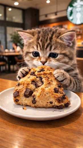 [AI Cat] Uni-chan was so happy eating a chocolate chunk scone at Starbucks 🐾