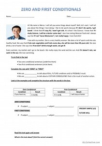 Zero and first conditional - Reading comprehension and worksheet. Intermediate students