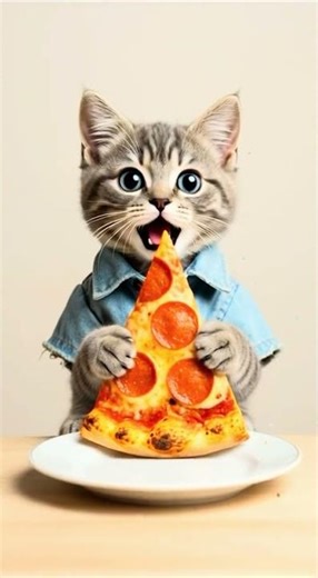 A tiny kitten enjoying pizza in the most satisfying way 🐱🍕