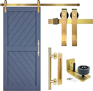 Rio Salto Gold Barn Door Hardware Kit Sliding Door Hardware Modern Barn Interior Closet Pantry Brushed Brass Panel Hardware Handle Bar Floor Guide Hardware Kit Plus, 6ft 7in for Single Panel - NO DOOR