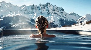 Winter spa scene with woman in hot tub with snowy mountains in the background. Outdoor relaxing in peaceful scenic winter landscape