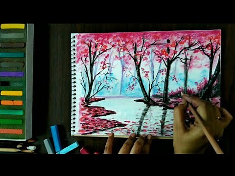 For Beginners, Easy Drawing - Soft Pastel Drawing - Beautiful Cherry Blossom, Landscape Painting.