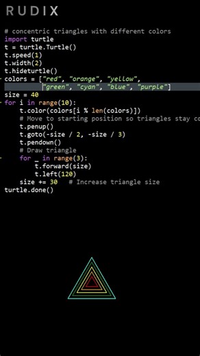 concentric triangles with different colorsUsing Python Turtle
