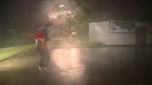 YIKES! A meteorologist had a scary close call with a power flash while covering Hurricane Laura in Texas. STORY: bit.ly/34BCxhs | WFLA News Channel 8