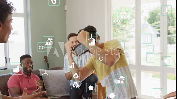Man putting on VR headset at home, initiating HUD showing CO2 graphs, friends laughing