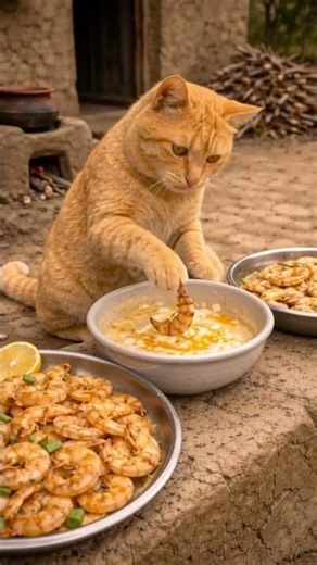 Wait… these cat are cooking shrimp? 😳#cat #funnycats #viralvideo