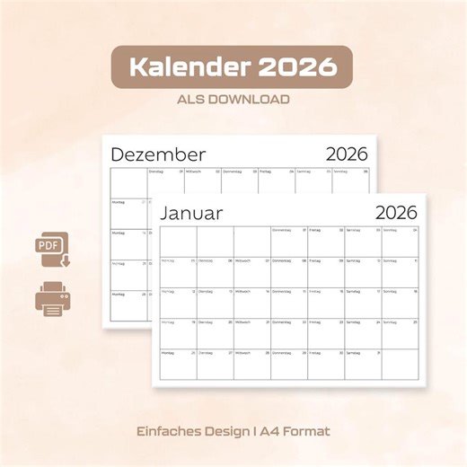 2026 Calendar Print Template | 2026 Monthly Calendar | German | Download PDF | A4 Landscape - Etsy Canada