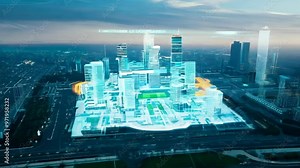 "Creative graphic design of an innovative architecture and civil engineering plan for a building construction project, highlighting city infrastructure development by architects"