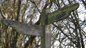 Close up mossy Footpath wooden signs UK walking hiking trail