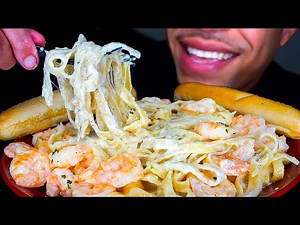 ASMR OLIVE GARDEN CREAMY ALFREDO SHRIMP PASTA MUKBANG | STICKY EATING SOUNDS *BIG BITES NO TALKING*