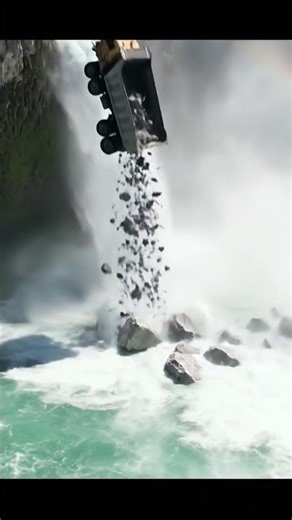 A big Dump Truck dumped the stone into waterfall.