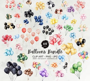 Watercolor Balloons Clipart, Birthday Balloons Clipart Bundle, Party Clipart, Baby Shower Decor, Colorful Balloons Png, Digital Download - Etsy