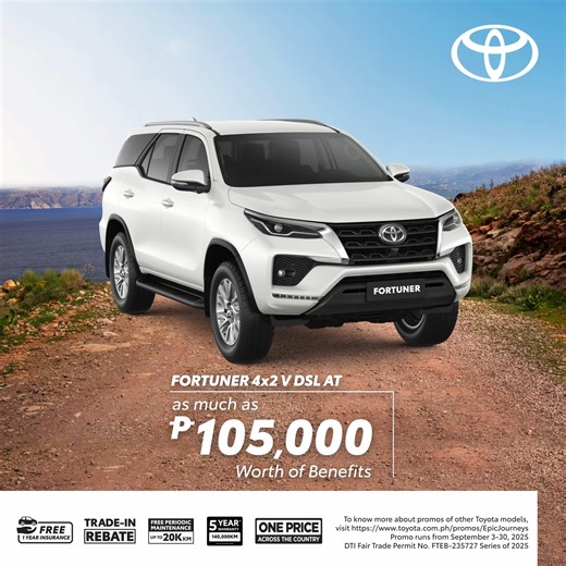 Have confidence on any road with the Toyota Fortuner. Own it now and enjoy up to ₱105,000 savings, plus Free PMS, Free Insurance, Trade-in Rebate, and a 5-year Warranty. Learn more at https://toyota.com.ph/promos/EpicJourneys or visit your nearest Toyota dealership today. | Toyota Motor Philippines