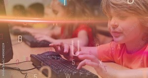 Animation of floating changing letters over group of kids using computers